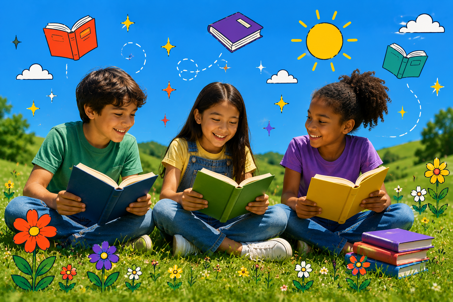 Real teenagers reading together in a library