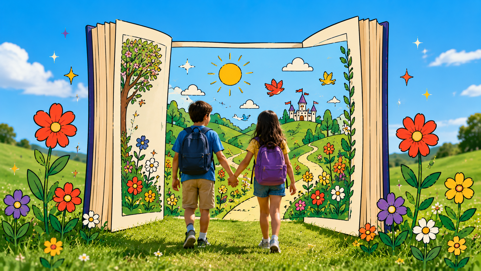 A giant open book standing like a doorway in an open field, two kids walking through it into a bright colorful world