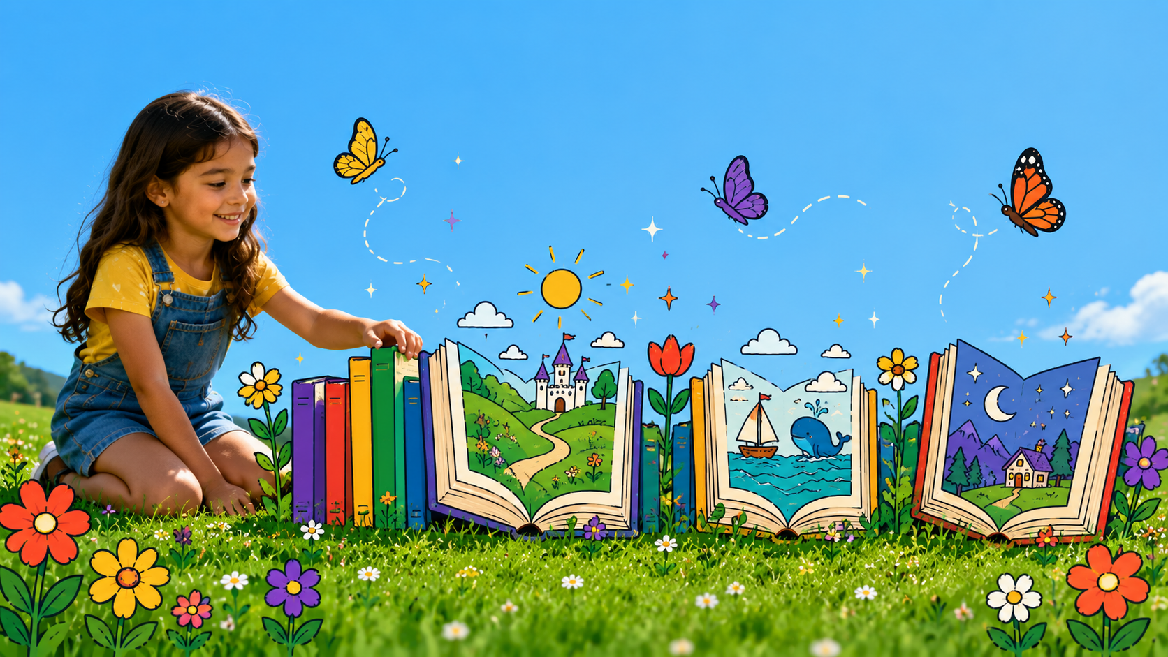 A row of books planted upright like flowers along a green hilltop, some blooming open with little worlds inside