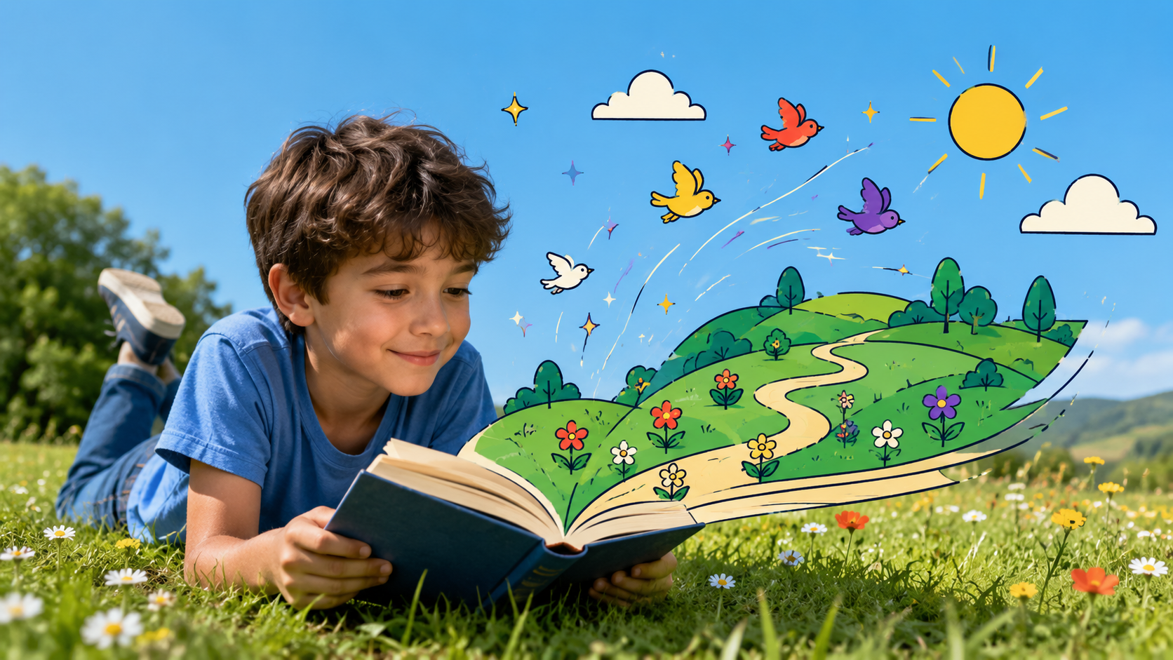 An open book lying in a sunny meadow, its pages turning into rolling hills, sun and little birds rising into the open sky