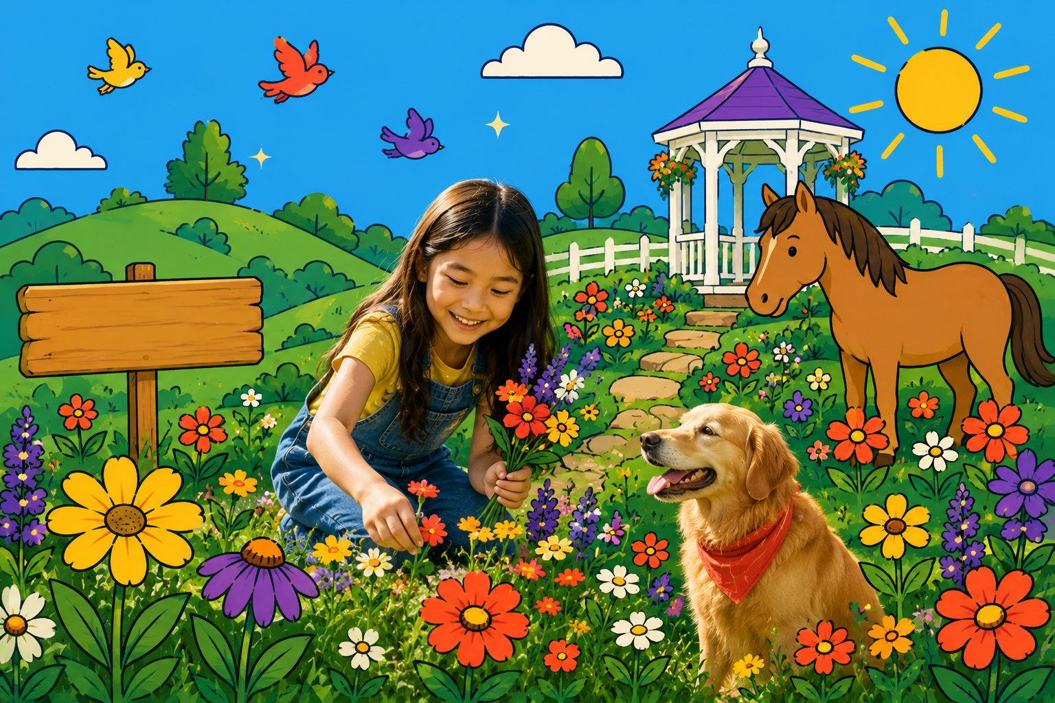 A cheerful hilltop flower garden with a gazebo, a friendly horse and dog, and kids picking flowers