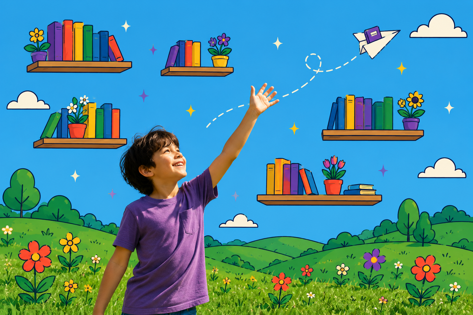 Floating bookshelves against an open sky with a paper airplane carrying a book across the world